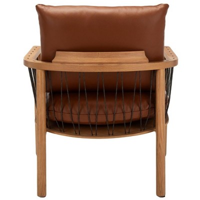 Caramel Brown Mid-Century Leather and Oak Armchair