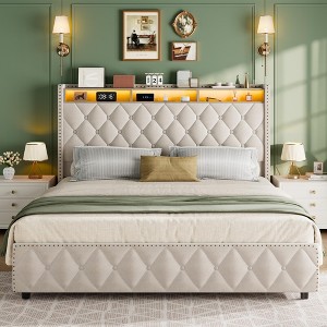 Bed Frame, Platform Velvet Upholstered Bed Frame with 4 Storage Drawers, USB Charging Station, Led Lights, No Box Spring Needed, Easy Assembly - 1 of 4