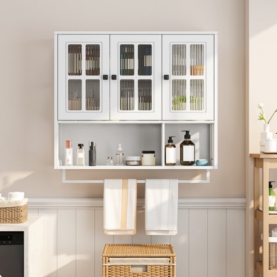 GDFStudio Kaelith 34.65'' Modern Rubberwood Bathroom Wall Cabinet with 3 Glass Doors, Storage Compartments and Towel Bar