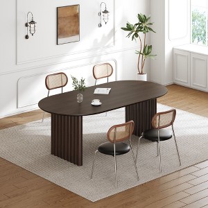 PexFix 67" x 33.5" Dining Table Wood Oval Kitchen Table with Scratch-Resistant Top & Striped Legs Modern Farmhouse for Living Room Kitchen Walnut - 1 of 4