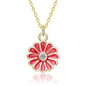 Guili Kids sterling silver 14K gold plated blue or red enamel and cubic zirconia flower pendant necklace delightful floral design for any occasions. - 1 of 3