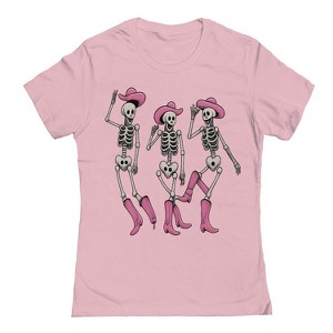 Rerun Island Women Dancing Skeletons Pink Hats Boots Short Sleeve Graphic Cotton T-Shirt - 1 of 4
