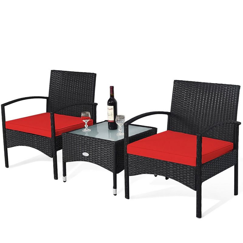Tangkula 3 PCS Patio Wicker Rattan Furniture Set Coffee Table & 2 Rattan Chair w/ Cushion Red, 1 of 9