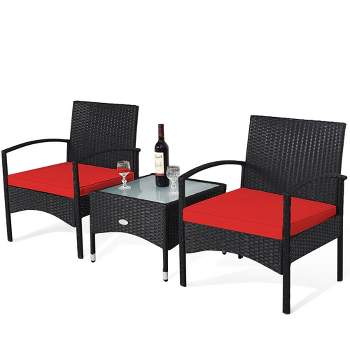 Tangkula 3 PCS Patio Wicker Rattan Furniture Set Coffee Table & 2 Rattan Chair w/ Cushion Red