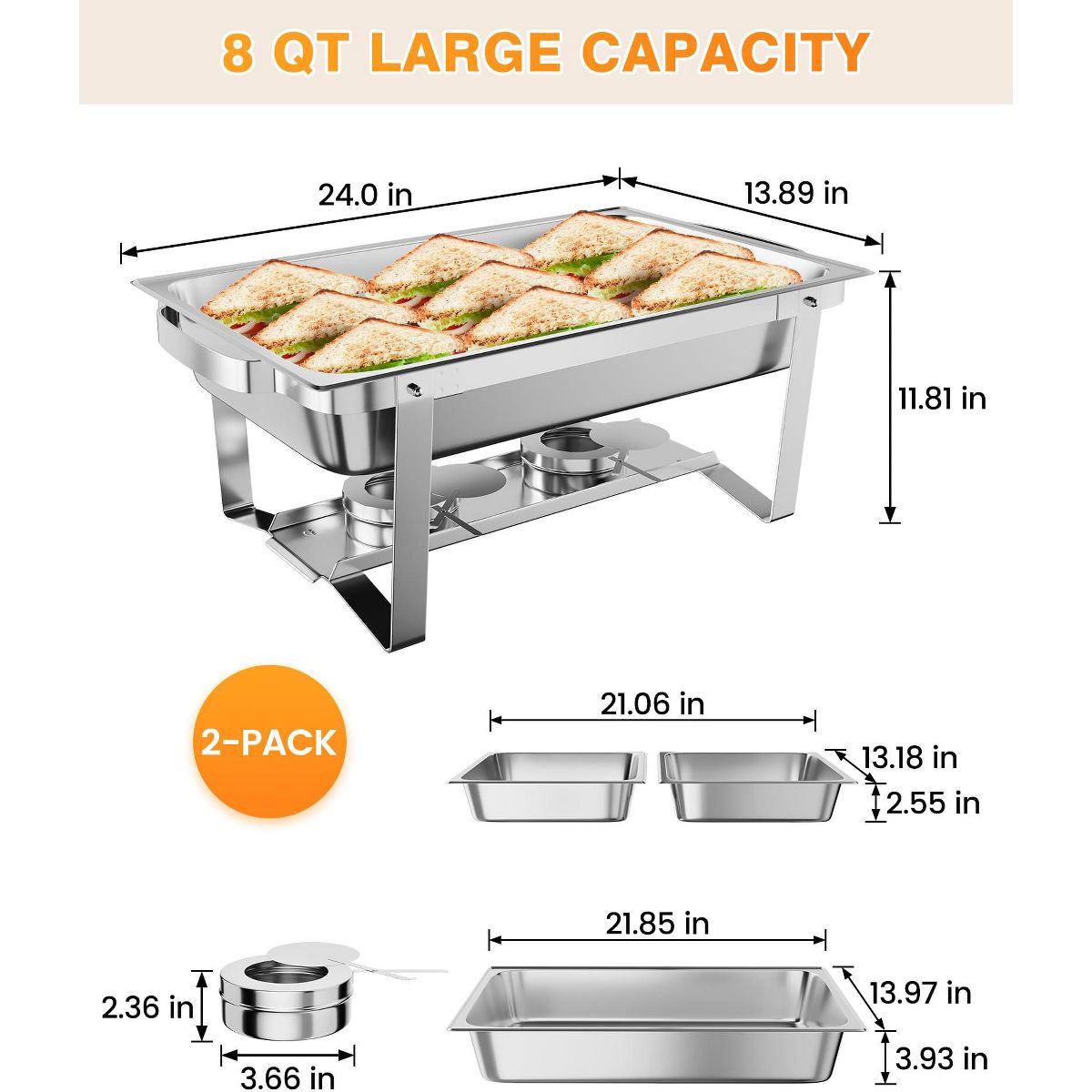 8QT Stainless Steel Chafing Dish Buffet Set – Food Warmers with Water Pan, Folding Frame, Lid Holder, Tweezers – Catering Chafer for Parties,Weddings - thumbnail 7
