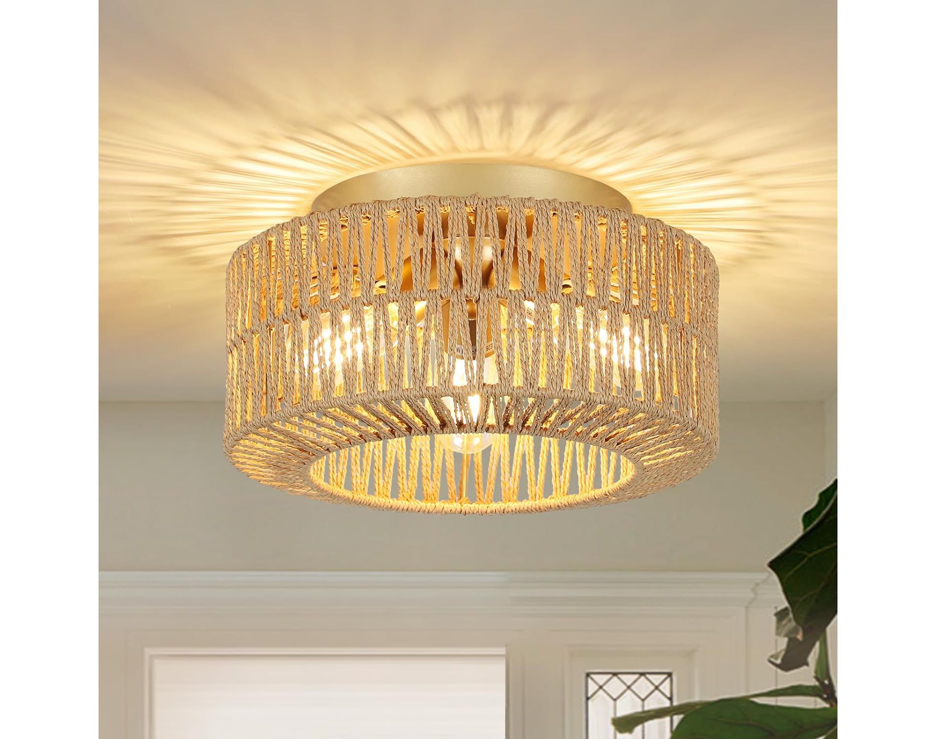 Gulches 6 in Brown Gold Boho Farmhouse 3-Light Dimmable Flush Mount Ceiling Light for Living Room with Hand Woven Rattan Cage Shade