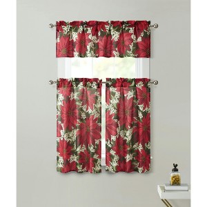 Kate Aurora Holiday Classic Poinsettia Christmas 3 Pc Kitchen Curtain Tier & Valance Set - 57 in. W x 36 in. L - 1 of 1