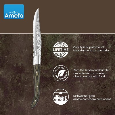 Amefa Lou Laguiole Vulcano Steak Knives, Set of 6, Hardened Hammered Stainless Steel, Triple Rivet Pakka Wood Ergonomic Handle, Serrated Edge 4 Inch
