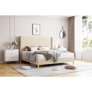Bed Frame Modern Corduroy Platform Bed with Upholstered Wingback Headboard ,Wooden Slats Support, No Box Spring Needed, Creamy Beige - 1 of 4