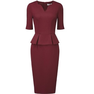 Hobemty Women's Work V Neck Short Sleeve Peplum Waist Pencil Sheath Dresses - 1 of 4