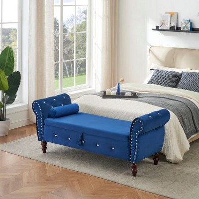 CENGHU Velvet Multifunctional Storage Rectangular Ottoman Bench, Ottoman Footstool with Crystal Buckle Solid Wood Legs and 1 Pillow, Storage Ottoman