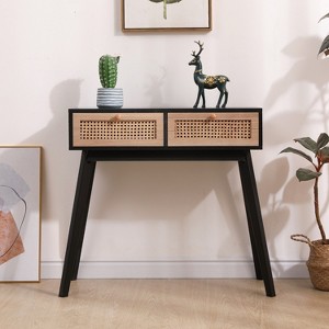 HOMLUX Rattan Console Table Entryway Side Table with 2 Rattan Drawers,Black/Natural - 1 of 4