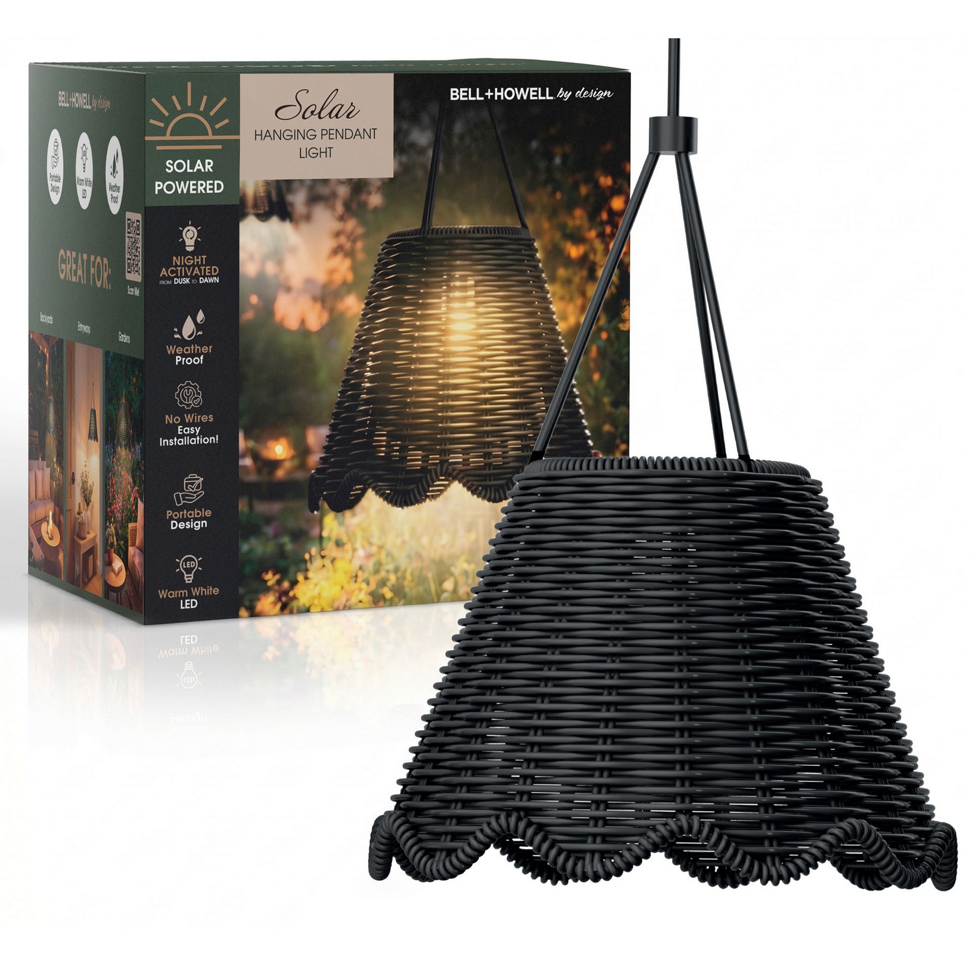 Bell + Howell Solar Black Weather Resistant Wicker Hanging LED Pendant Light for Porch Patio Garden Gazebo
