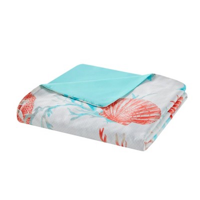 Coral and Teal Coastal Cotton Duvet Cover Set, Full/Queen, 6 Pieces