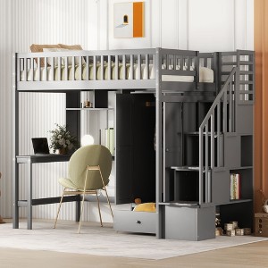 NicBex Twin Size Bunk Bed with Desk Pine Bed Frame with Drawers, Wardrobe, Storage Stairs and Full Length Guardrail, No Box Spring Required - 1 of 4