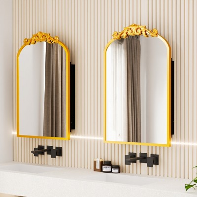 Spassway 36"H*24"W Ornate Arch Metal Medicine Cabinet with Adjustable Shelves Recessed Wall Cabinet Wall Mounted Bathroom Storage Cabinet with Mirror