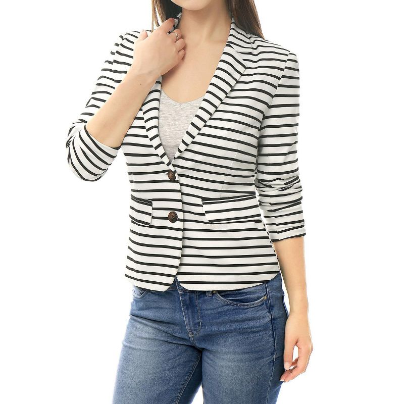 Allegra K Women's Notched Collar Long Sleeve Button Front Striped Blazers, 3 of 7