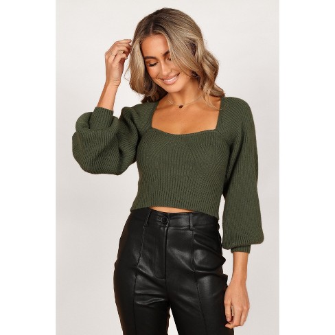 Petal and Pup Womens Gia Sweatheart Neck Bell Sleeve Knit Sweater - Olive XS