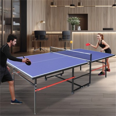 YONWAY 8ft Mid-Size Table Tennis Table Foldable & Portable Ping Pong Table Set for Indoor Games with Net, 2 Table Tennis Paddles and 3 Balls