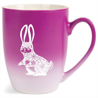 Elanze Designs 12 Ounce Vibrant Two Toned Ombre Ceramic Tea Coffee Cup Mug Magenta White Gentle Floral Rabbit