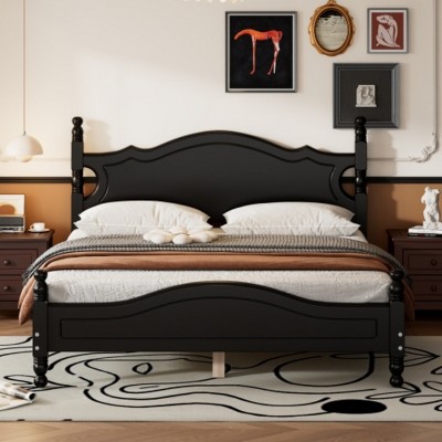 Wood Platform Bed with Retro Design Headboard, Sturdy Pine Frame, No box spring beds, Easy Assembly-Maison Boucle
