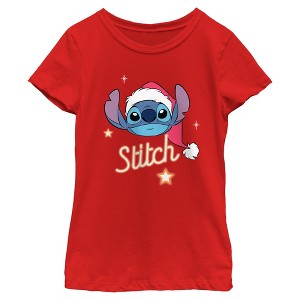 Girls Lilo & Stitch Christmas Hat Portrait Stars Stitch T Shirt - 1 of 4