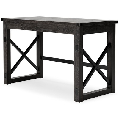 Dark Gray Rustic Wood Office Desk with Drawer and Iron X-Base