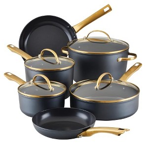 Farberware Forged Induction Ceramic Nonstick Pots and Pans Set with Lids , Suitable for All Stovetops, 12 Piece Cookware Set - Black and Gold - 1 of 4