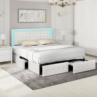 CAVINAS Full/King Size Modern Platform Bed Frame with LED Lights Headboard & 4 Storage Drawers,No Box Spring Needed