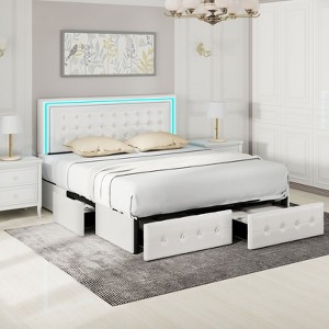 CAVINAS Full/King Size Modern Platform Bed Frame with LED Lights Headboard & 4 Storage Drawers,No Box Spring Needed - 1 of 4