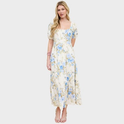 August Sky Women's Square Neckline Short Sleeves Floral Midi Dress