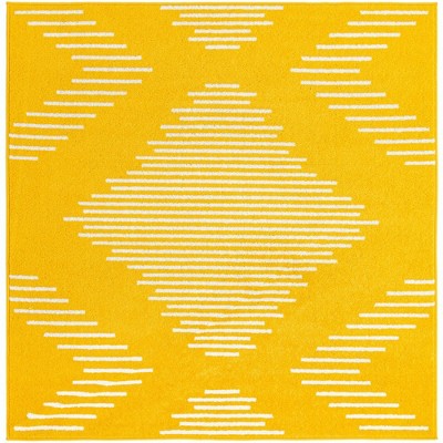 Kai Yellow and White Geometric Stain-Resistant Square Rug
