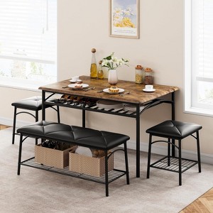 coucheta Industrial Dining Table Set for 4, Retro Wood Tabletop Kitchen Table with 2 Upholstered Chairs & A Bench, Dinner Table Set for Dining Room - 1 of 4