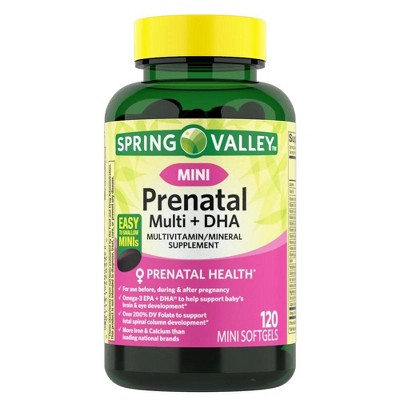Spring Valley Mini Prenatal Multi + DHA Complete Multivitamin/Multimineral Supplement Mini Softgels, 120 Count