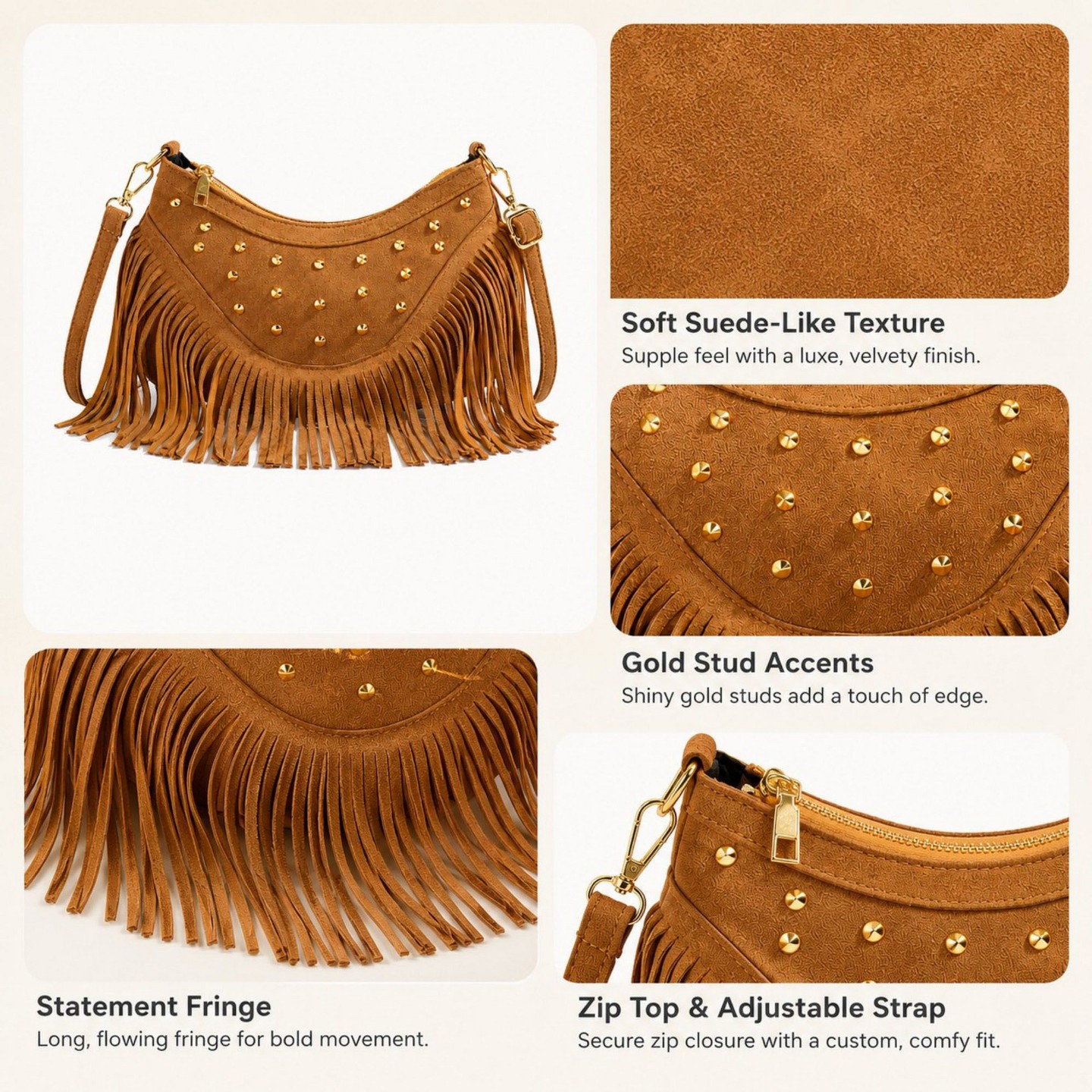 Женская сумка Alilang Studded Fringe Crossbody Bag Suede Look Crescent Shoulder Purse with Adjustable Strap - Brown, цвет: Коричневый — фото 3