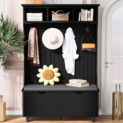 4-in-1 Entryway Bench with Coat Rack, Cushion and 4 Sturdy Hooks, 47.2'' Wide Hall Tree with Storage Bench