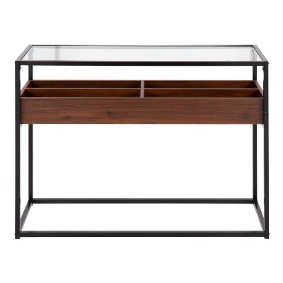 Contemporary Black Steel & Walnut Wood Console Table with Glass Top