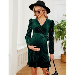 Maternity Velvet Dress Wrap V Neck Long Sleeve Belted Baby Shower Midi Dress Photoshoot - 1 of 4