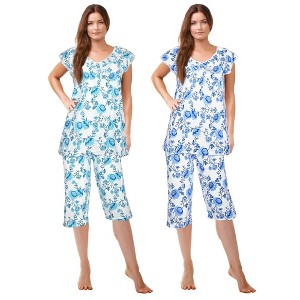JEFFRICO Pajamas For Women 2 Pack Capri Set Sleepwear Soft Pajamas Short Sleeve Pajamas Sleepshirt With Capri Pants Blue Green, XXL - 1 of 4