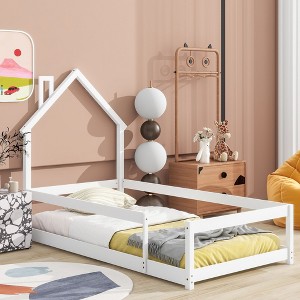 Nicbex Twin Toddler Floor Bed,House-Shaped Headboard Floor Bed with Fences,Sturdy Wood Montessori Floor Bed with Safety Guardrails for Kids - 1 of 4