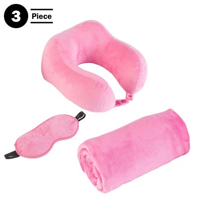 Pink Memory Foam Travel Pillow Set with Fleece Blanket and Eye Mask