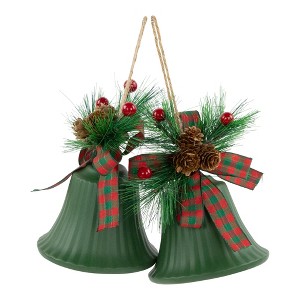 Northlight Christmas Bells with Pinecones and Plaid Bow Ornaments - 7" - Green - Set of 2 - 1 of 4