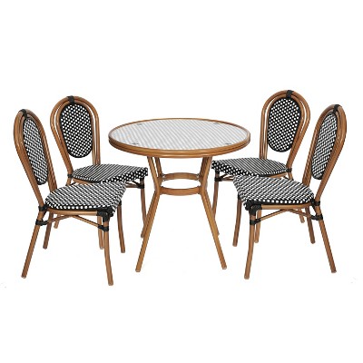 Emma & Oliver Colmar Indoor/Outdoor Bistro Style 31.5 in. Table with Black & White PE Rattan, Glass Top, and Four Chairs - Natural Frame