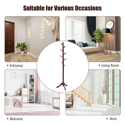 Adjustable Brown Rubber Wood Coat Rack with 8 Hooks