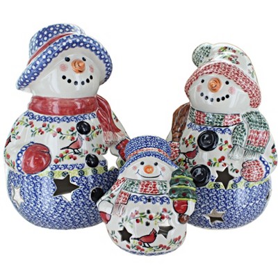 Blue Rose Polish Pottery 6400 Vena Snowman Luminary Set
