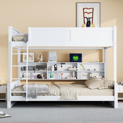 Queen Size Wood Bunk Bed with Ladder for Bedroom