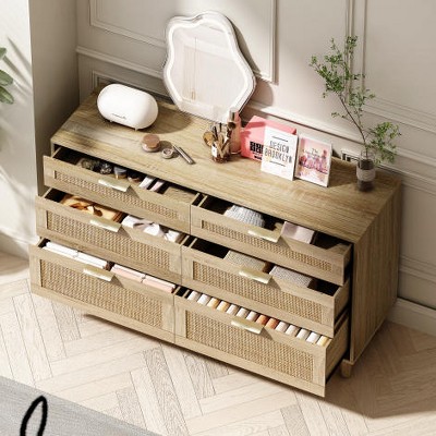 TIRAMISUBEST 51" Rattan Dresser with Drawers, 6 Drawer Dresser for Bedroom, Clothes Storage Cabinet for Bedroom, Metal Handle&Wood Legs for