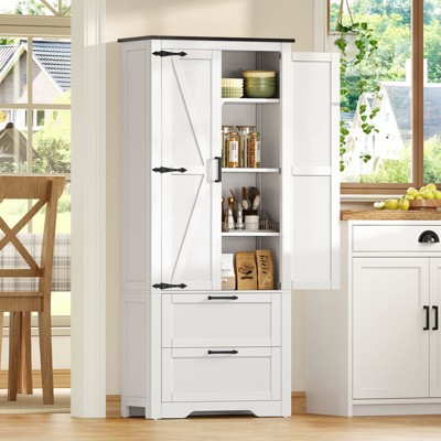 USIKEY 66.2" H Storage Cabinet with 2 Drawers, Farmhouse Kitchen Pantry Cabinet with 2 Doors & Adjustable Shelf, for Living Room, Kitchen, White