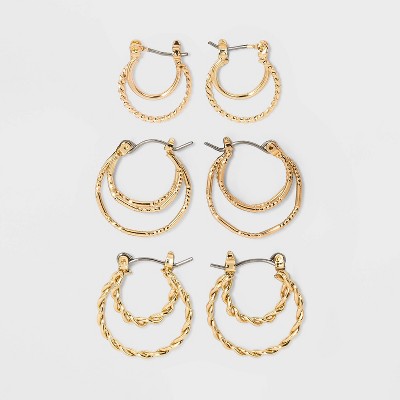 Click Top Faux Duo Hoop Earring Set 3pc - Wild Fable™ Gold