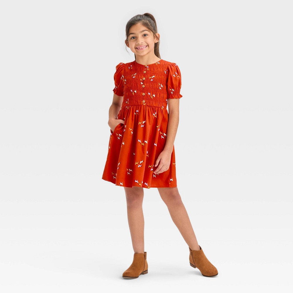 Girls' Short Sleeve Woven Dress - Cat & Jack™ Orange M/12 Pieces 